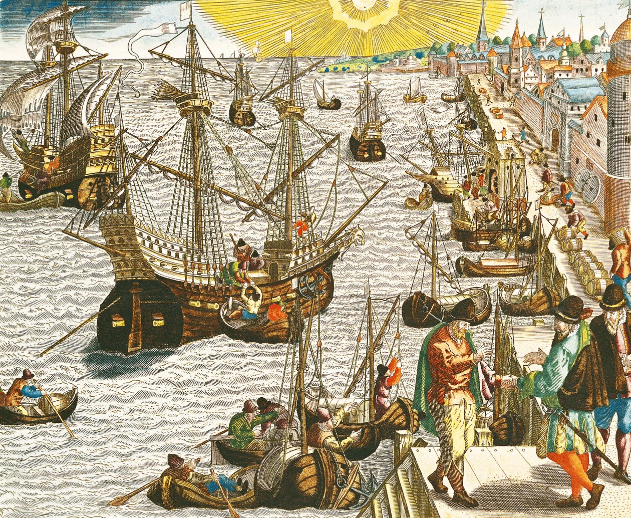 Wyjazd z Lizbony do Brazylii, Indii Wschodnich i Ameryki, ilustracja z „Americae Tertia Pars...”, 1592 autorstwa Theodore de Bry