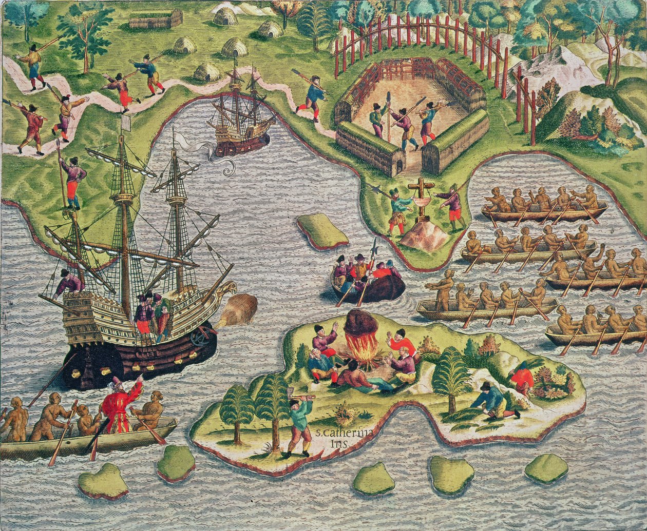 Odkrycie krzyża wśród skał, z "Americae Tertia Pars...", 1562 autorstwa Theodore de Bry