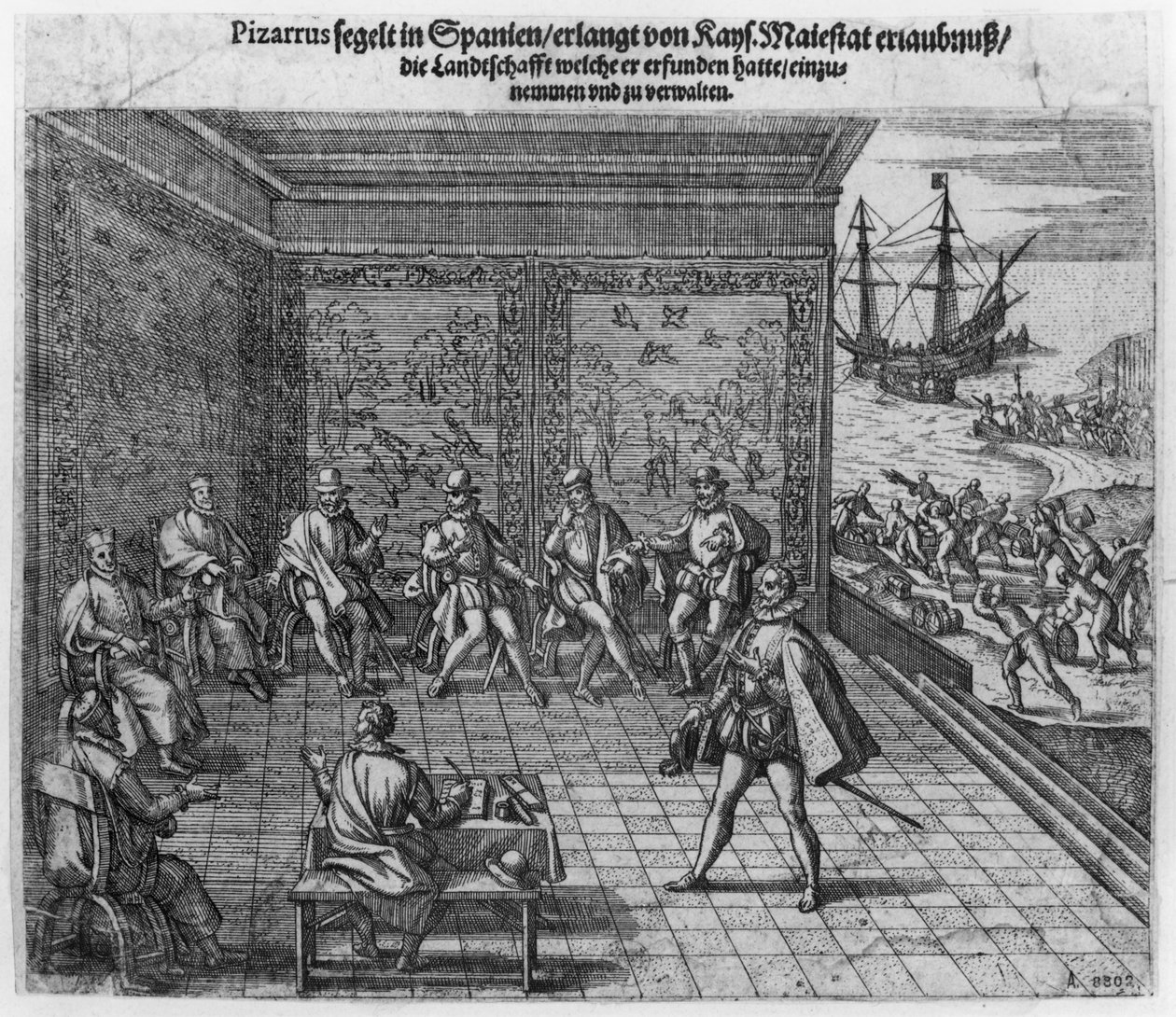 Francisco Pizarro prosi o poparcie dworu cesarskiego dla rządu Peru autorstwa Theodore de Bry