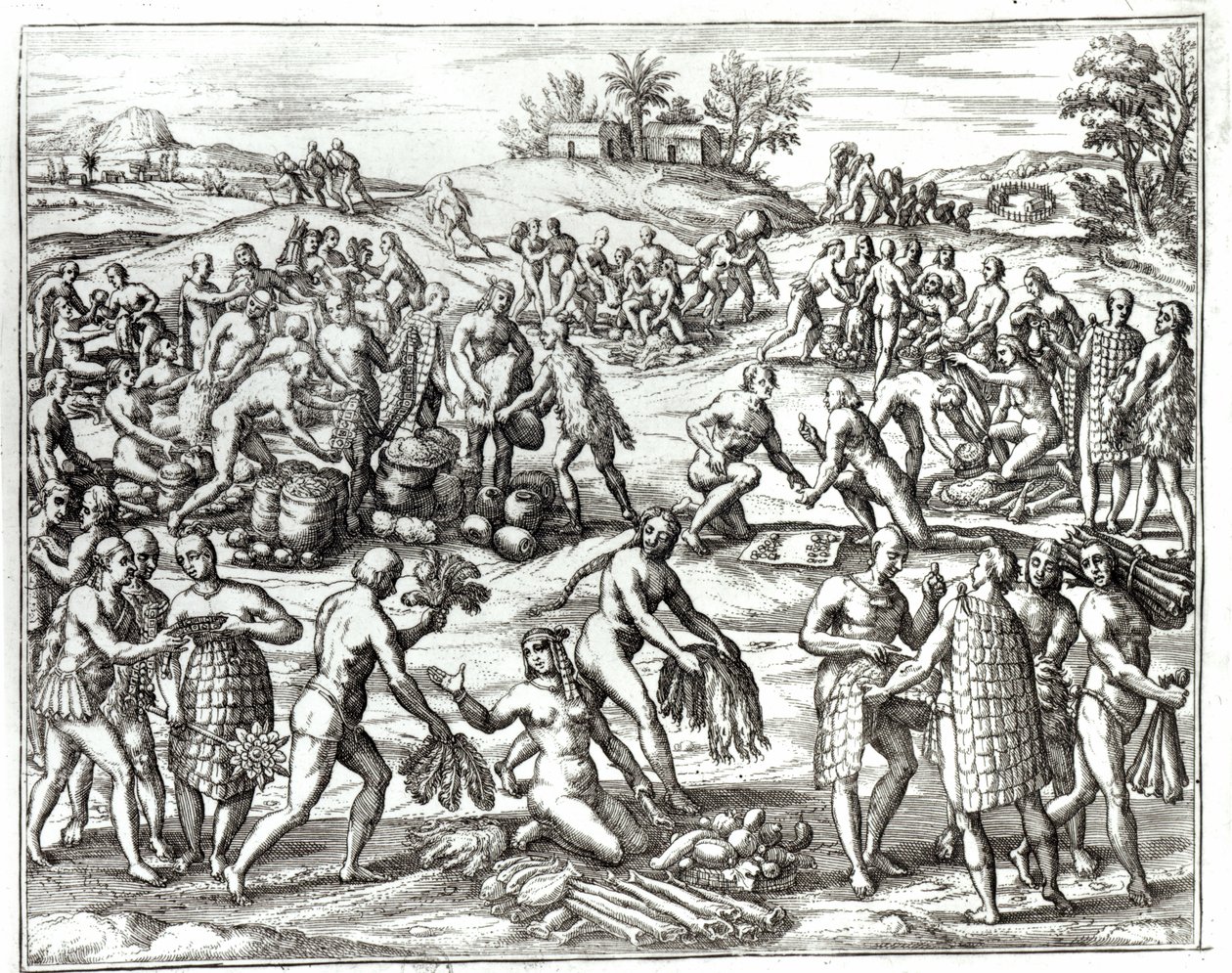 Targ indyjski w Cartagena, Kolumbia, z „Americae Tertia Pars V” autorstwa Theodore de Bry