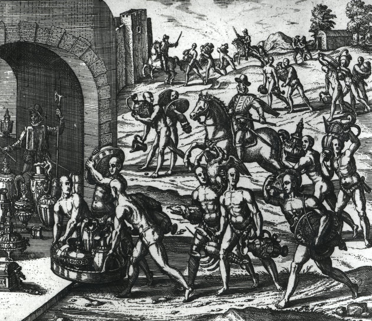 Indianie przynoszący wazony Balboa i złote przedmioty autorstwa Theodore de Bry