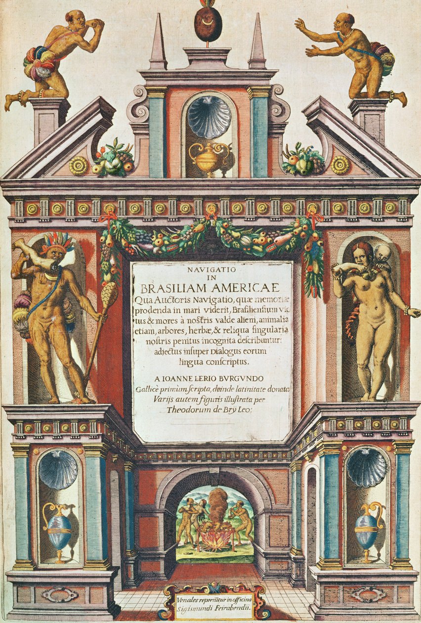 Nawigacja w Ameryce Brazylii. Frontyspis (strona 447), 1563 (kolorowy grawerunek) autorstwa Theodore de Bry
