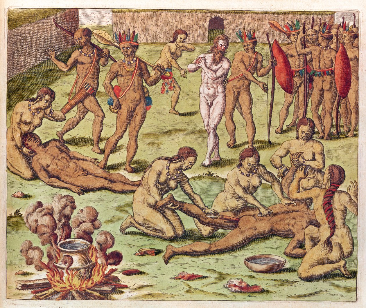 Nawigacja w Ameryce brazylijskiej, Ofiara barbarzyńcy (strona 525), 1563 (kolorowy grawerunek) autorstwa Theodore de Bry