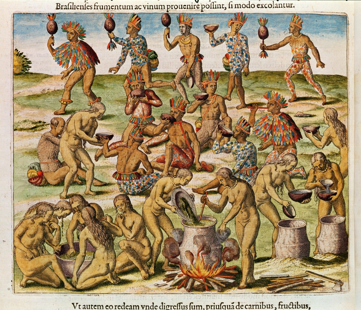 Nawigacja w Ameryce brazylijskiej, Przygotowanie napoju z kukurydzy i pszenicy (strona 486), 1563 (kolorowe grawerowanie) autorstwa Theodore de Bry