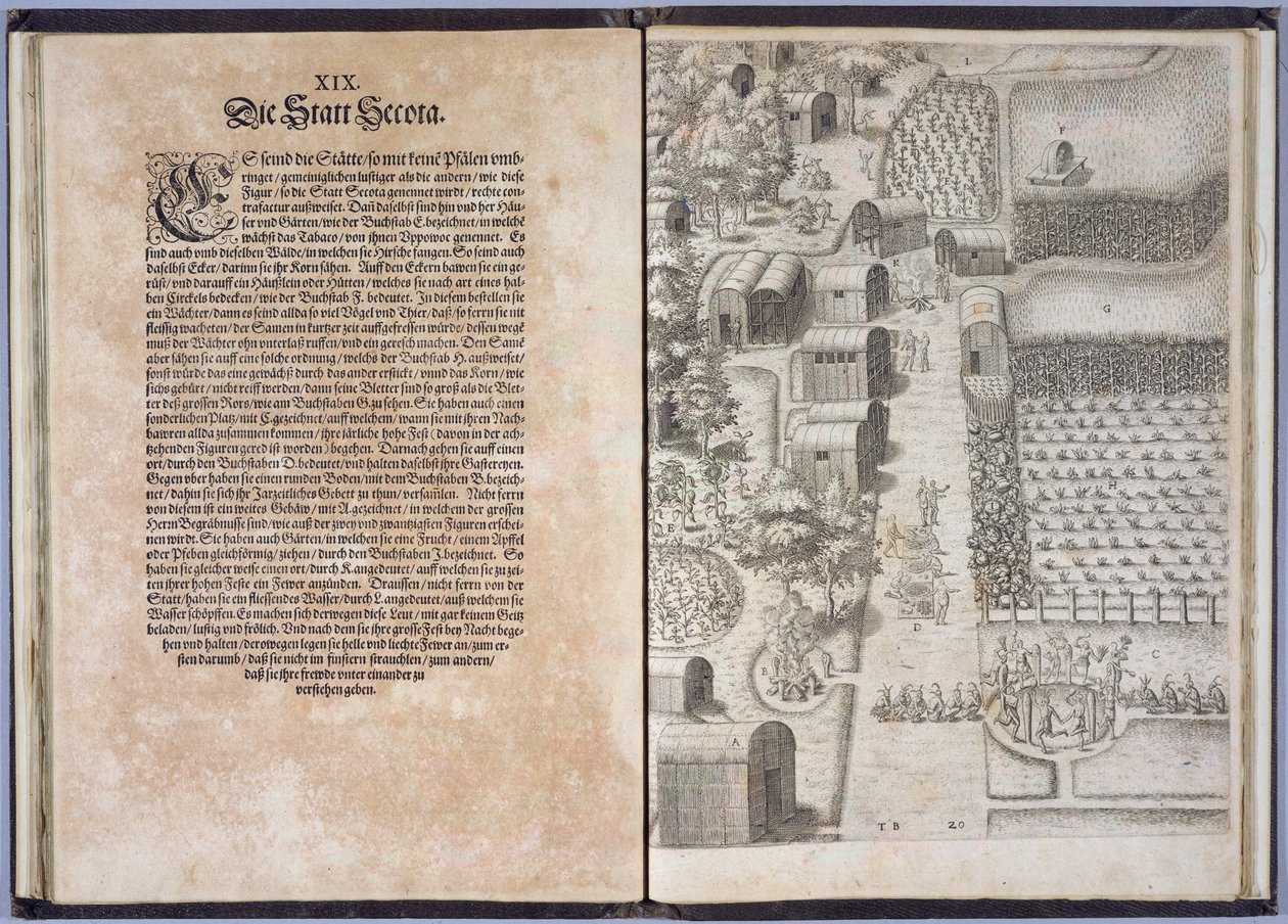 Strona XIX z Secota Village, z „Krótki i prawdziwy raport o nowo odkrytej ziemi Wirginii, Grand Voyages”, wydrukowanej przez Johanna Wechela w 1600 r. autorstwa Theodore de Bry