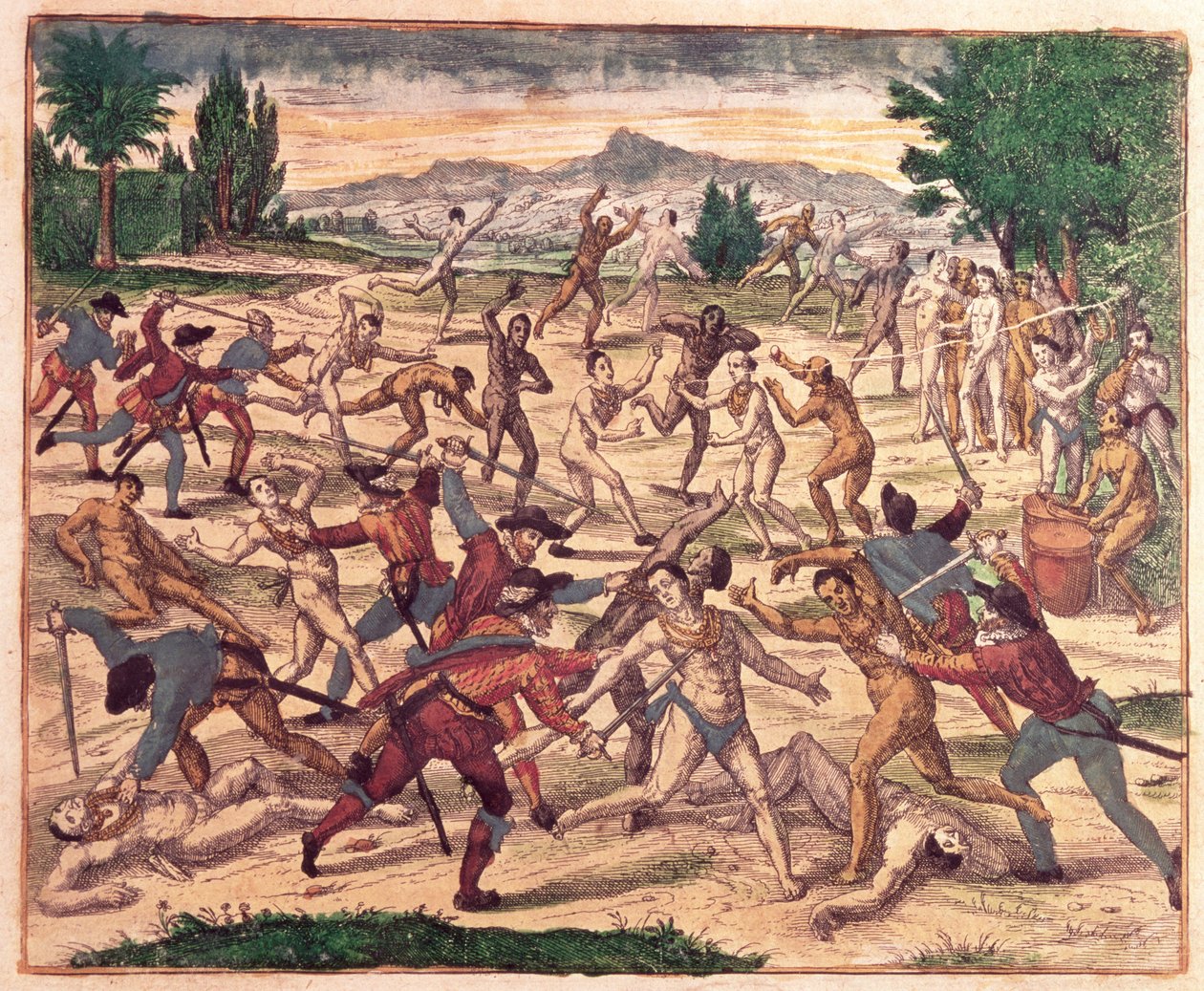 Pedro de Alvarado i jego żołnierze masakrujący Azteków, ok. 1520 autorstwa Theodore de Bry