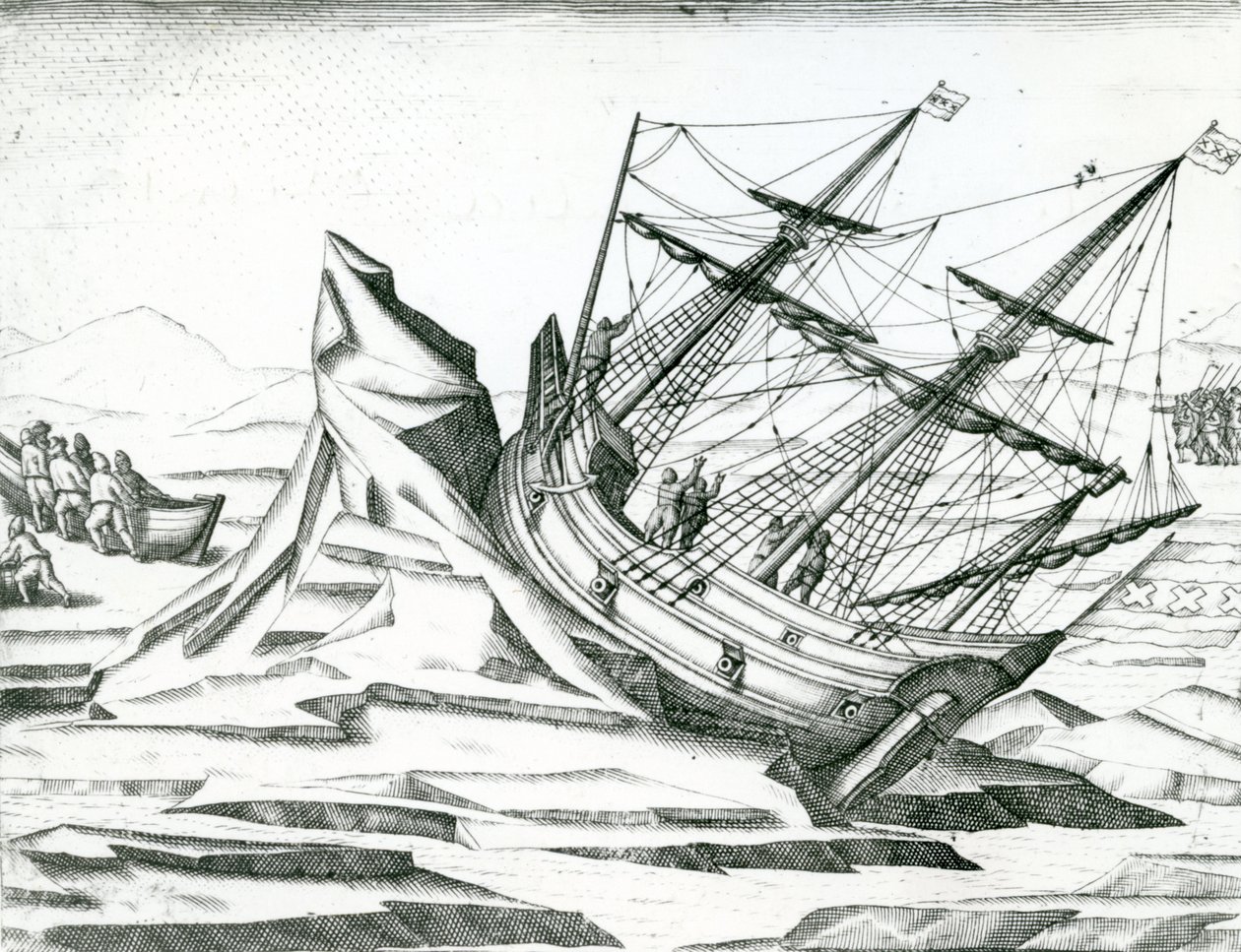 Żaglowiec utknął na górze lodowej, ilustracja z "India Orientalis" 1598 autorstwa Theodore de Bry