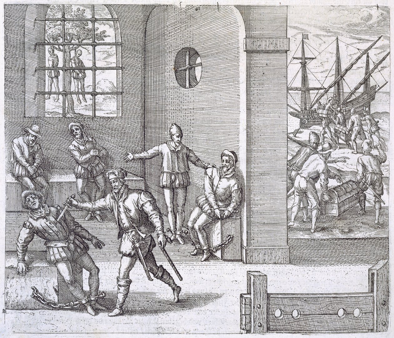 Hiszpańscy zdrajcy w Panamie straceni, podczas gdy złoto skradzione Inkom jest ładowane na statki zmierzające do Hiszpanii, z „Americanische Historien” Johanna Ludwiga Gottfrieda, opublikowanego przez Mattaeusa Meriana, Fra autorstwa Theodore de Bry