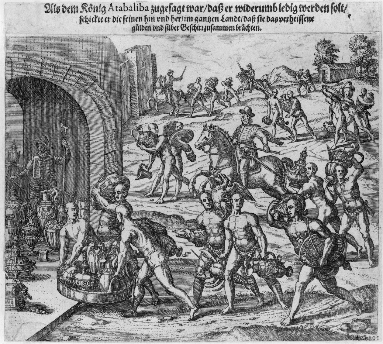 Okup król Atahualpa (ok.1502-33) ofiarowany Francisco Pizarro, 1533 autorstwa Theodore de Bry