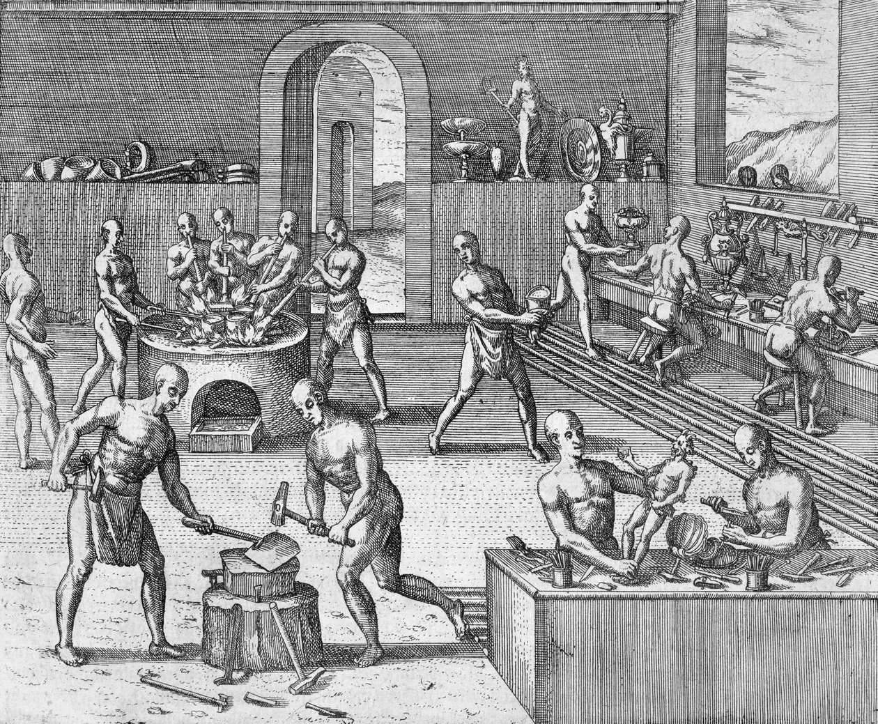 Warsztat złotników Atahualpy w Quito, z relacji Girolamo Benzoni, z „Newe Welt und Americanische Historien” Johanna Ludwiga Gottfrieda, wyd. Mattaeus Merian, Frankfurt, autorstwa Theodore de Bry