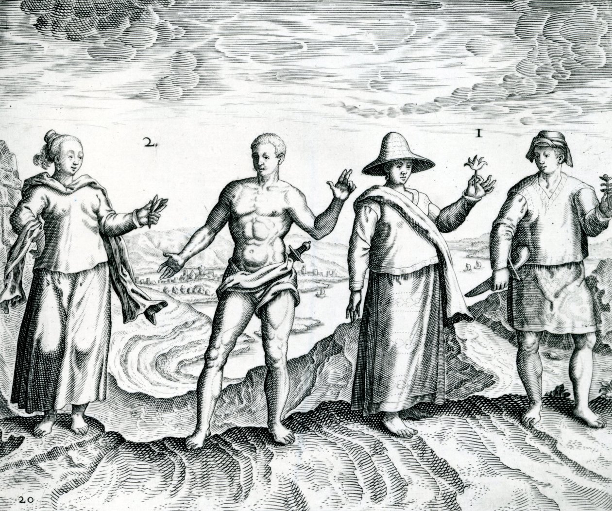 Dwóch mężczyzn i dwie kobiety z „India Orientalis”, 1598 autorstwa Theodore de Bry