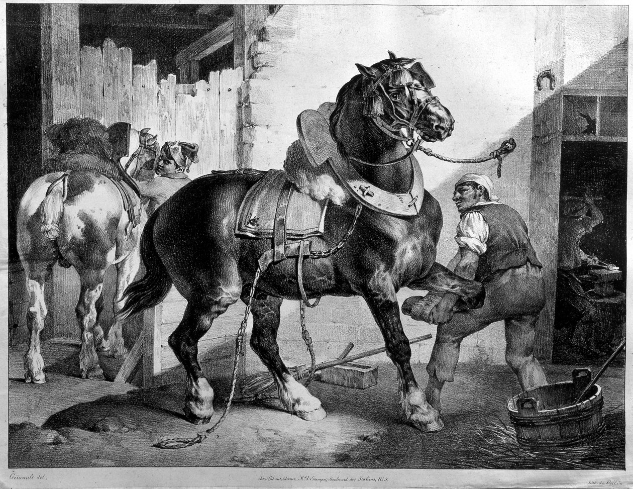 Dopasowanie konia pociągowego (litografia) autorstwa Theodore (after) Gericault