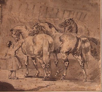 Mała dziewczynka karmi konie w stajni (ołówek i szare pranie) autorstwa Theodore (attr. to) Gericault