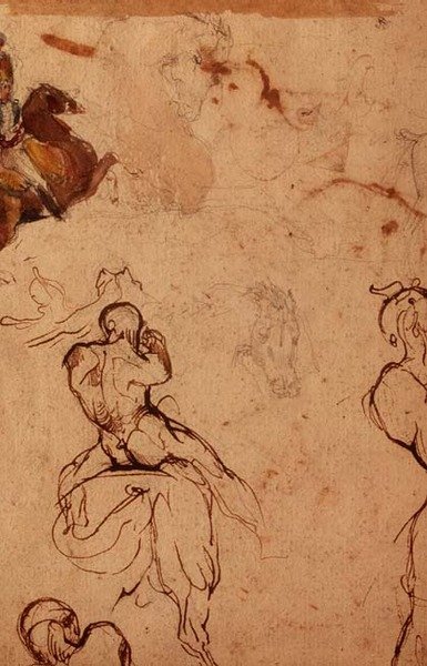Studium koni i jeźdźców (ołówek, długopis i brązowy tusz oraz akwarela) autorstwa Theodore (attr. to) Gericault