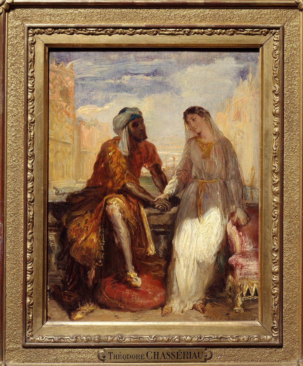 Otello i Desdemone w Wenecji Ilustracja do aktu I tragedii „Otello” Williama Szekspira (1564-1616). Obraz Theodore Chasseriau (1819-1856) 1850 Nd. 0,25 X 0,20 Paryż. Musee Du Louvre- Othello i Desdemona w Wenecji, scena z Otel autorstwa Théodore Chassériau