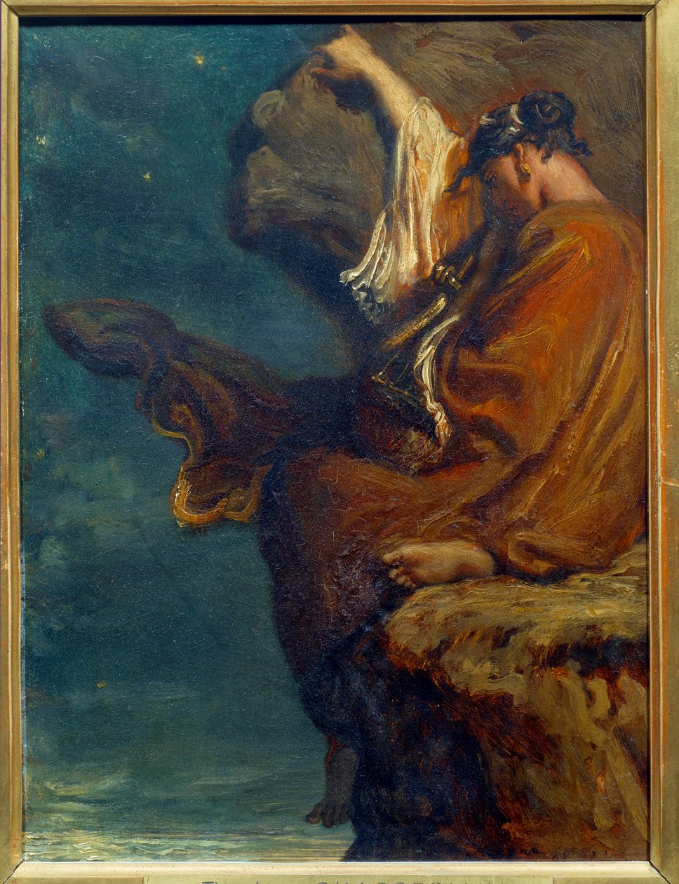 Sapho Grecka poetka Sapho (Sappho) (ok. 600 rpne) siedząca na skale i patrząca na morze z melankolią. Obraz Theodore Chasseriau (1819-1856) 1849 Nd. 0,27x0,21 m Paryż, musee d