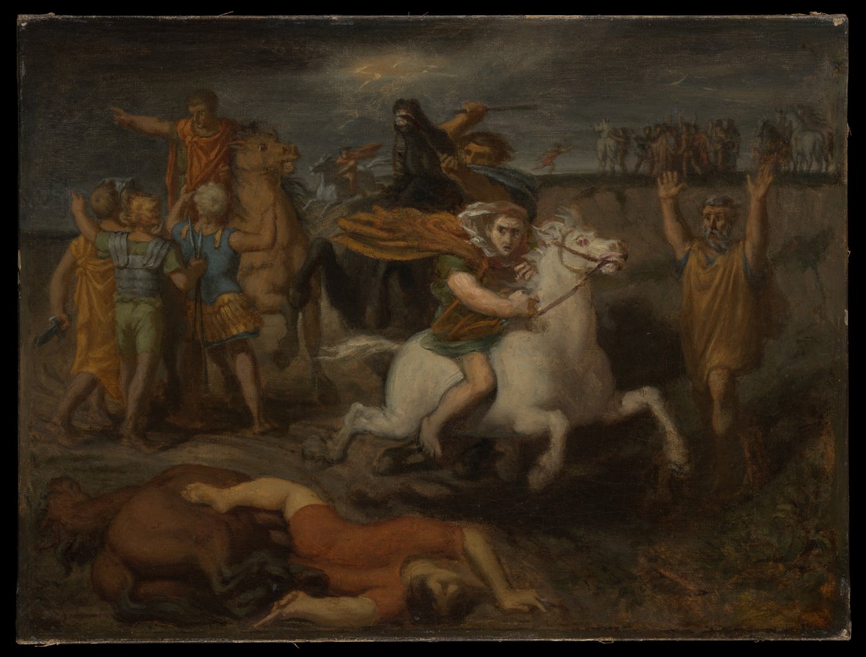 Scena z „Wojny galijskiej”: Gal o imieniu Littavicus, zdradzając sprawę rzymską, ucieka do Gergovii, by wesprzeć Wercyngetoryksa autorstwa Théodore Chassériau
