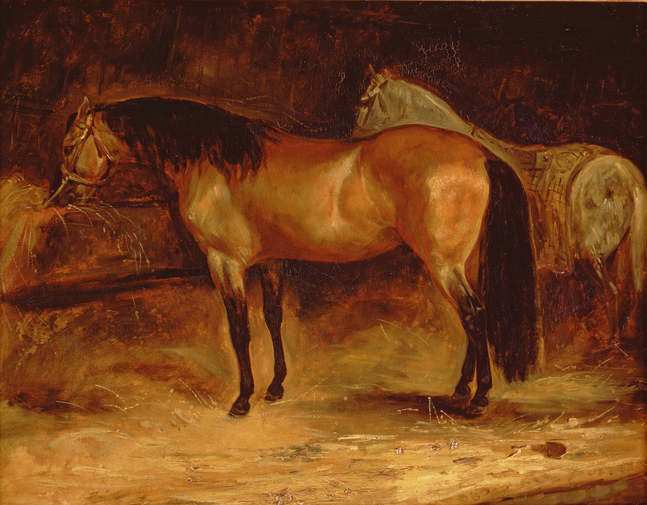 Gniady koń w żłobie, z siwym koniem w derce autorstwa Theodore Gericault