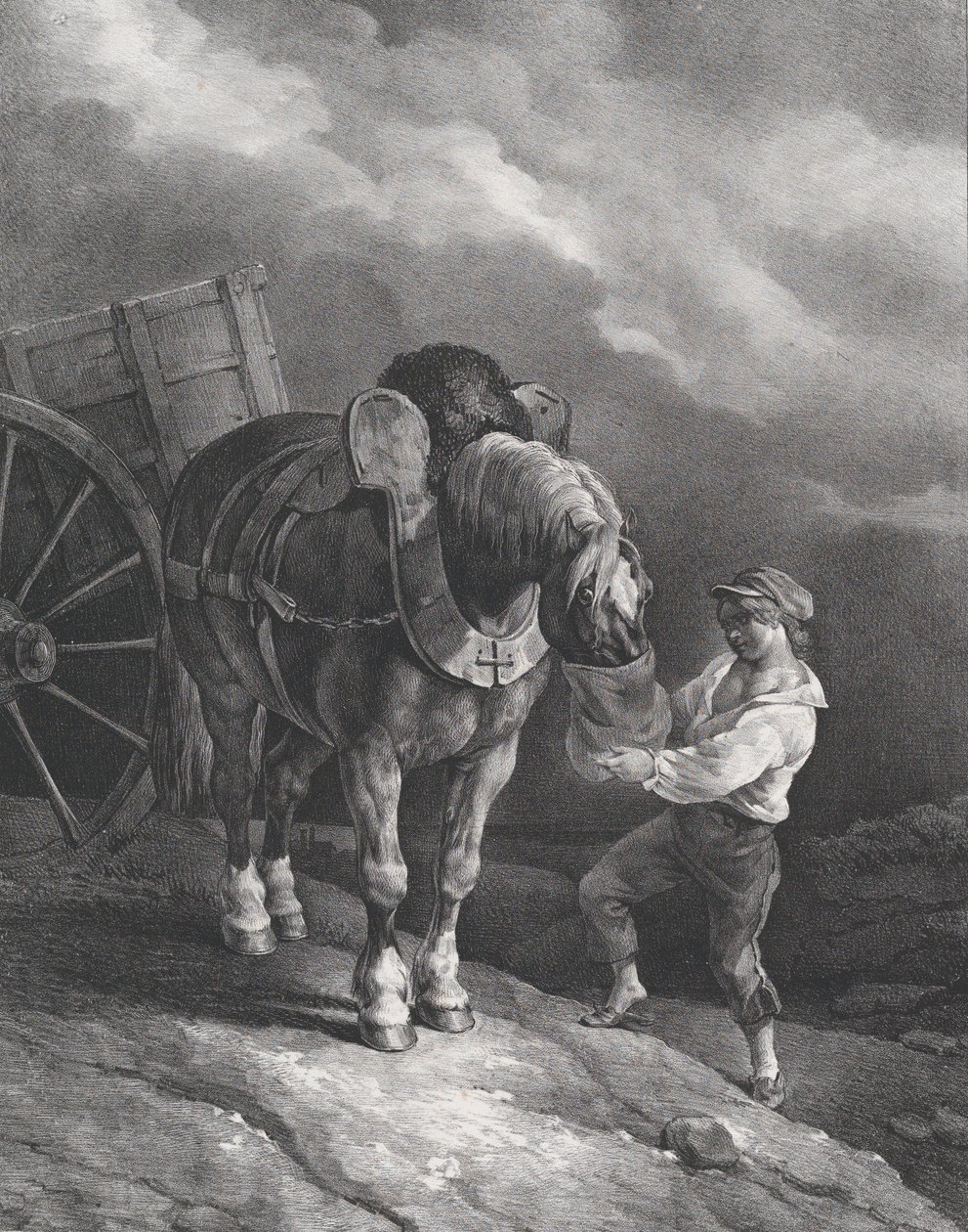 Chłopiec karmiący konia wozowego z worka na nos, 1822. autorstwa Theodore Gericault