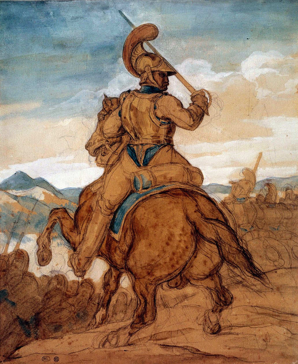 Karabińczyk lub kirasjer na koniu Akwarela, gwasz, spranie Teodora Gericaulta (1791-1824) XIX w. Ndz. 0,25x0,22 m Paryż, musee du Louvre autorstwa Theodore Gericault