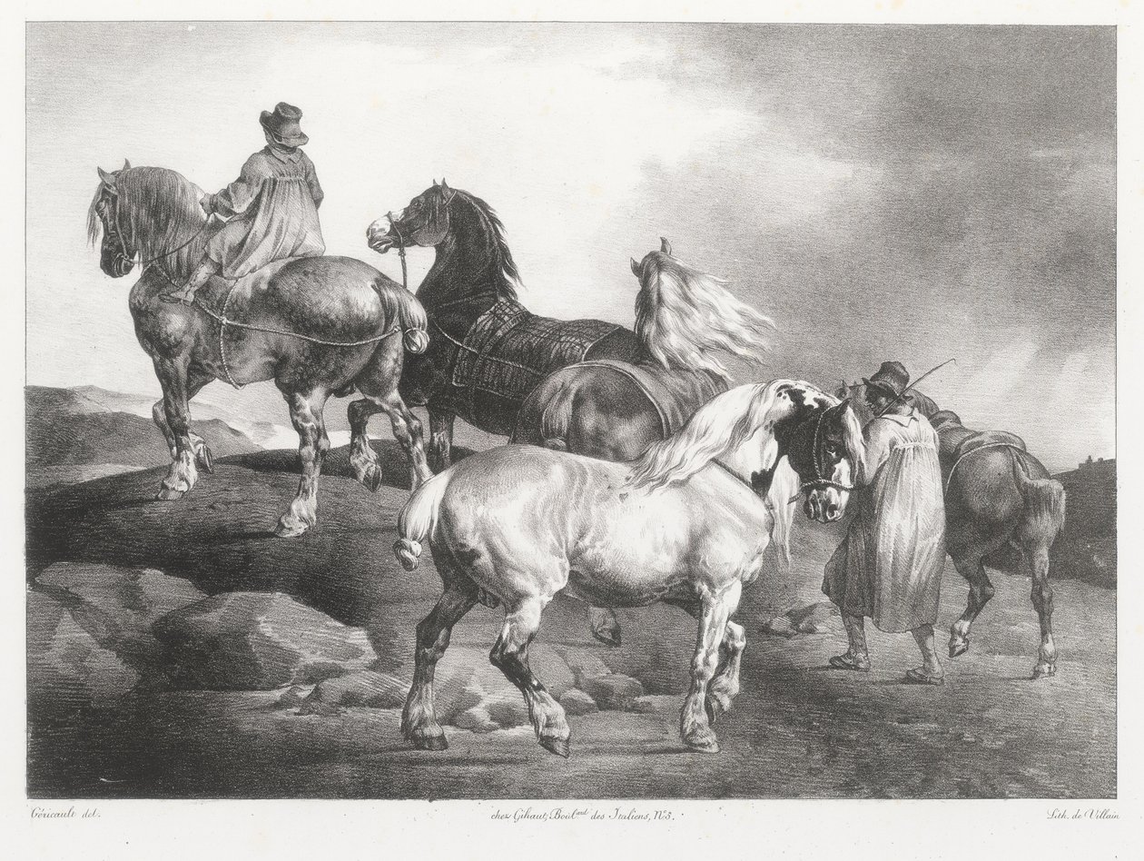 Konie prowadzone na jarmark (Horses Being Led to the Fair) autorstwa Theodore Gericault