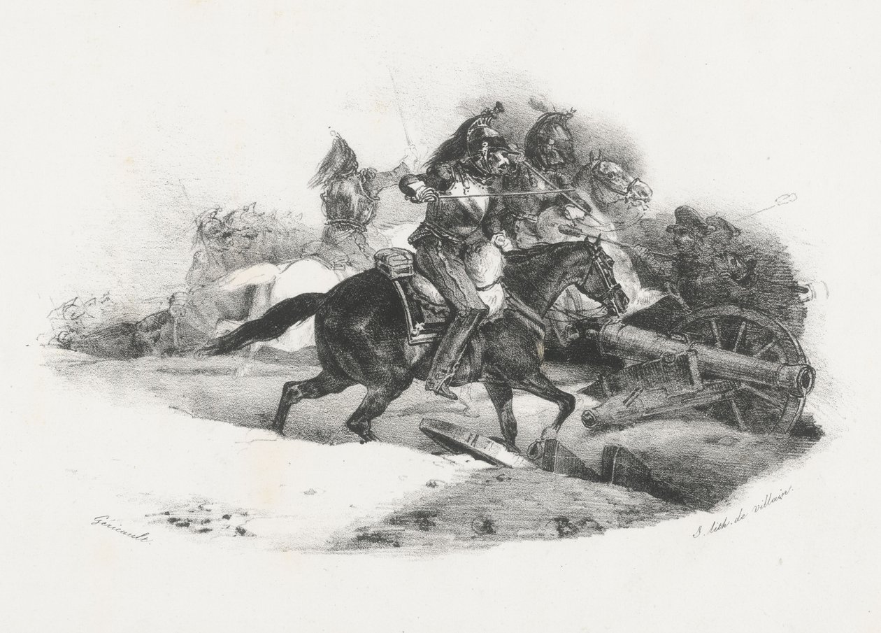 Kirasjerzy atakujący baterię artyleryjską (Cuirassiers Charging An Artillery Battery) autorstwa Theodore Gericault
