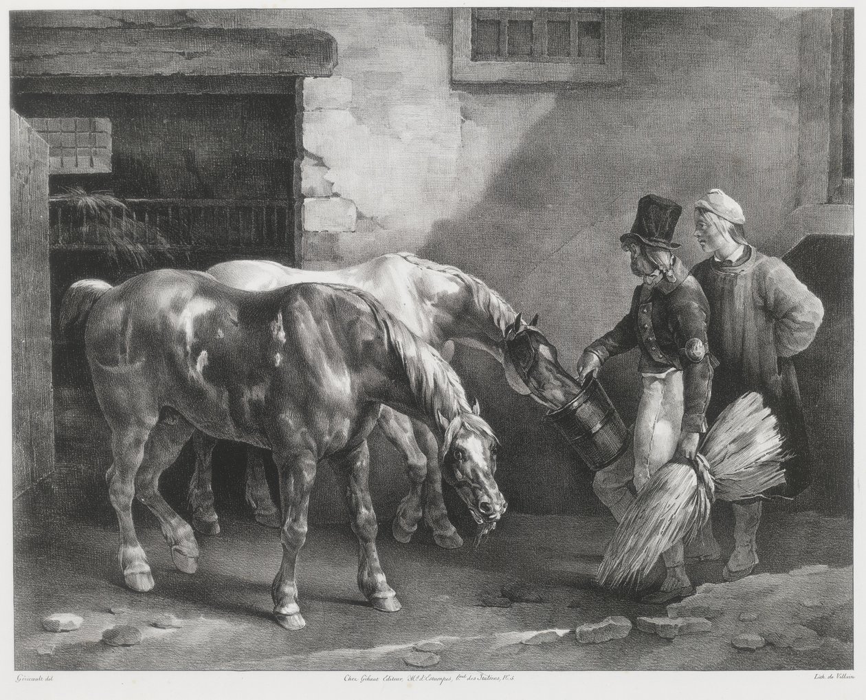 Dwa konie pocztowe przy drzwiach stajni (Two Post-Horses at a Stable Door) autorstwa Theodore Gericault