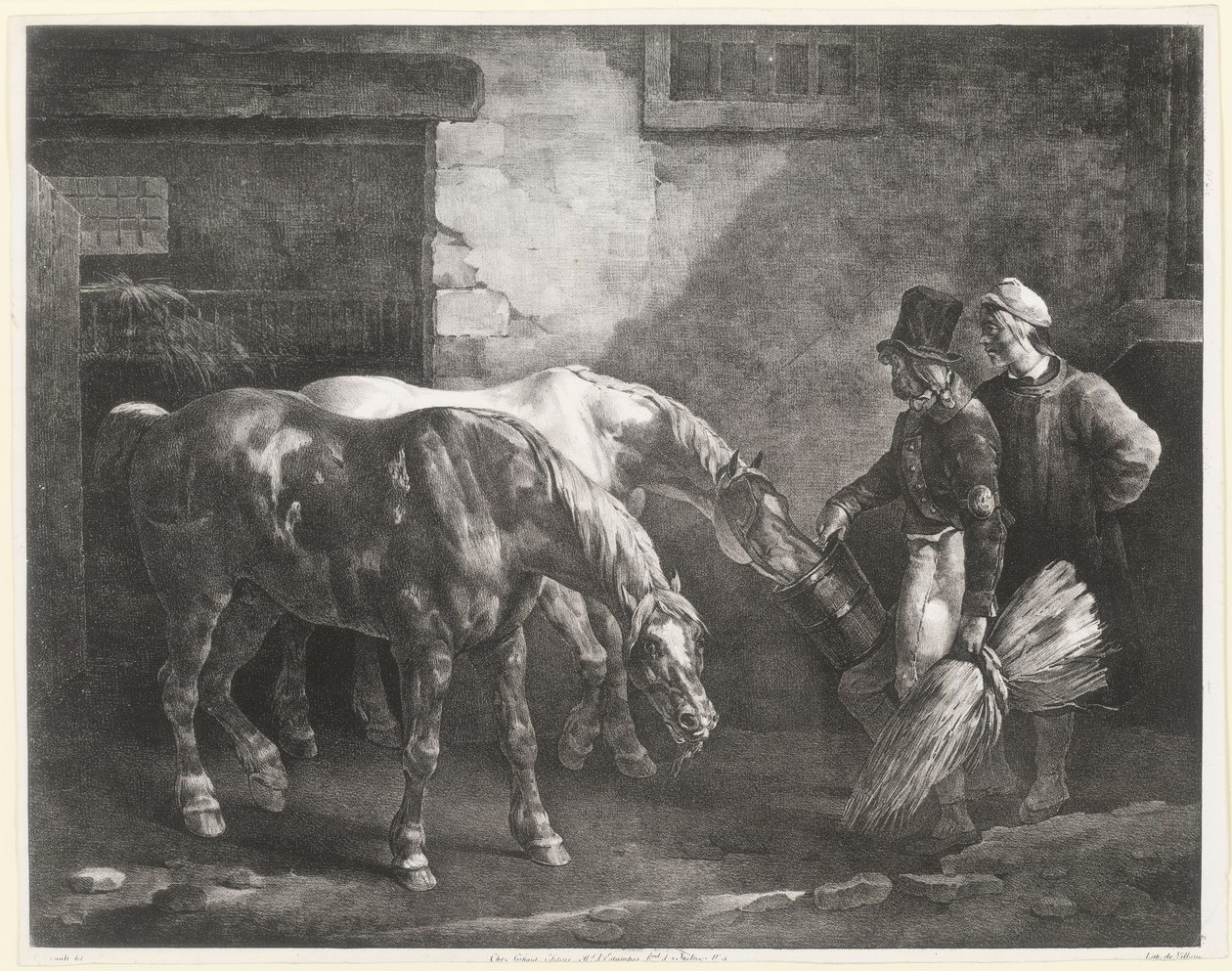 Dwa konie pocztowe przy drzwiach stajni (Two Post-Horses at a Stable Door) autorstwa Theodore Gericault