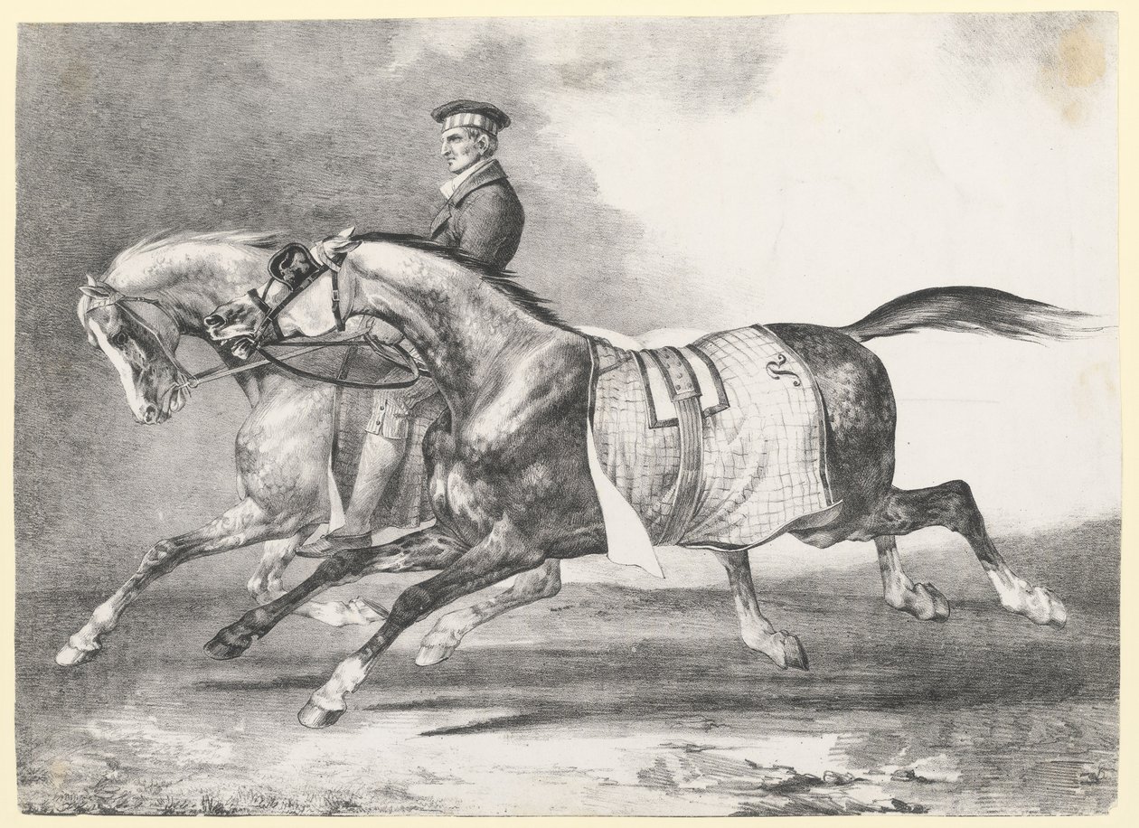 Dwa konie o umaszczeniu szarym cętkowanym podczas spaceru (Two Dapple-Grays Being Exercised) autorstwa Theodore Gericault