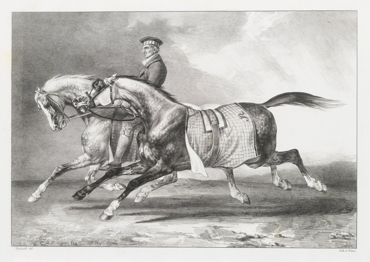 Dwa konie o umaszczeniu szarym cętkowanym podczas spaceru (Two Dapple-Grays Being Exercised) autorstwa Theodore Gericault