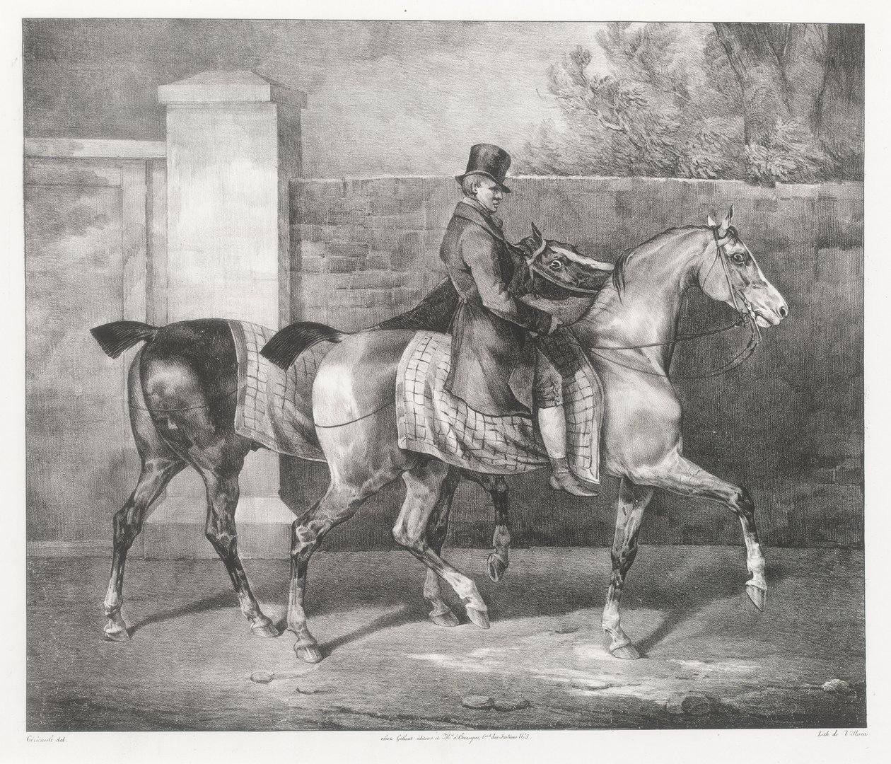 Dwa konie wyprowadzane na spacer przez dżokeja (A Groom Exercising Two Horses) autorstwa Theodore Gericault