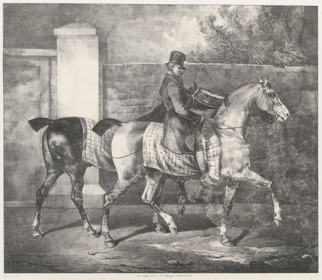 Dwa konie wyprowadzane na spacer przez dżokeja (A Groom Exercising Two Horses) autorstwa Theodore Gericault