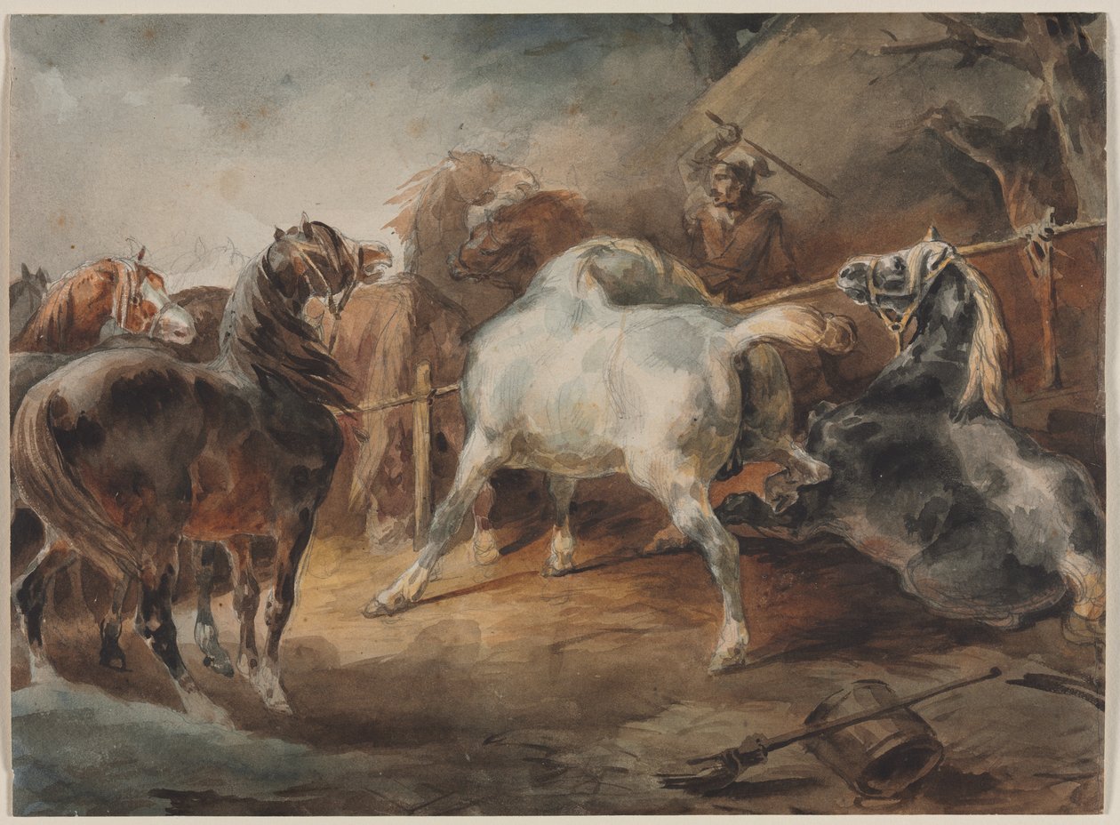 Konie bojowe, ok. 1820 (akwarela na graficie na papierze) autorstwa Theodore Gericault