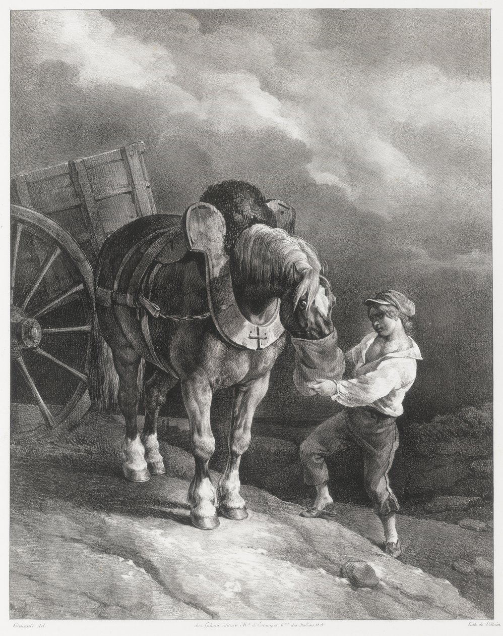 Chłopiec podający owies zaprzężonemu koniowi (A Boy Giving Oats to a Hitched Horse) autorstwa Theodore Gericault