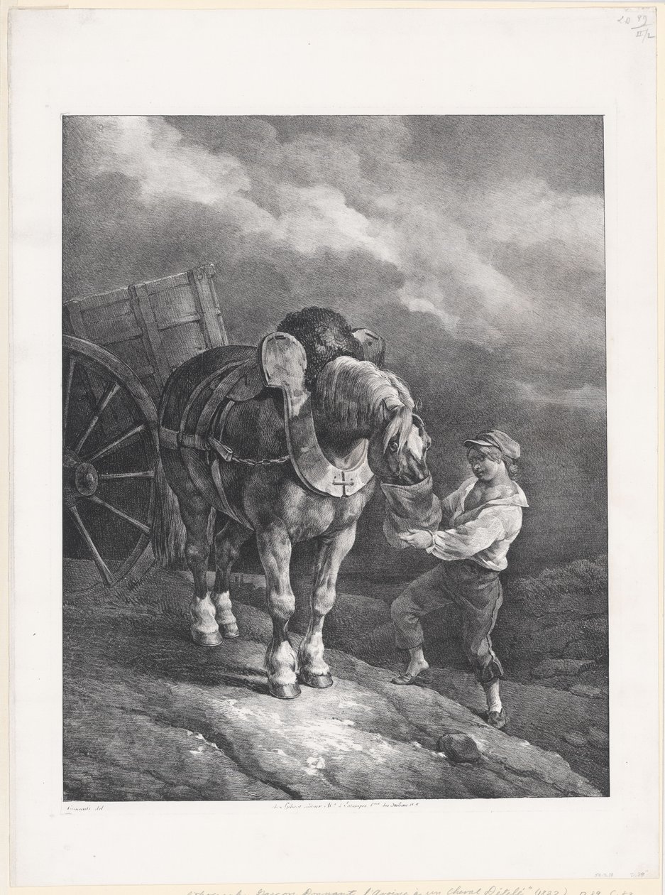 Chłopiec podający owies zaprzężonemu koniowi (A Boy Giving Oats to a Hitched Horse) autorstwa Theodore Gericault