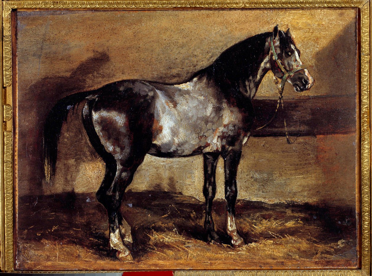 Szary koń w Ratelier Obraz Theodore Gericault (1791-1824) XIX-wieczne słońce. 0,26x0,34 m² autorstwa Theodore Gericault