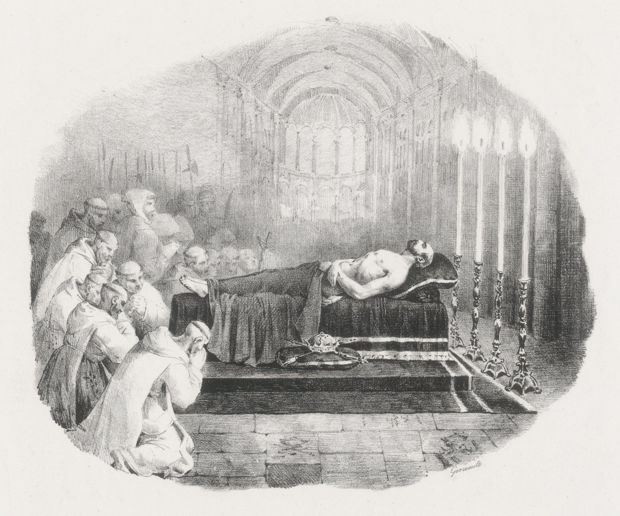 Wilhelm Zdobywca wystawiony po śmierci w kościele w Boscherville (Wilhelm Zdobywca wystawiony w kościele opactwa św. Jerzego w Boscherville) autorstwa Theodore Gericault