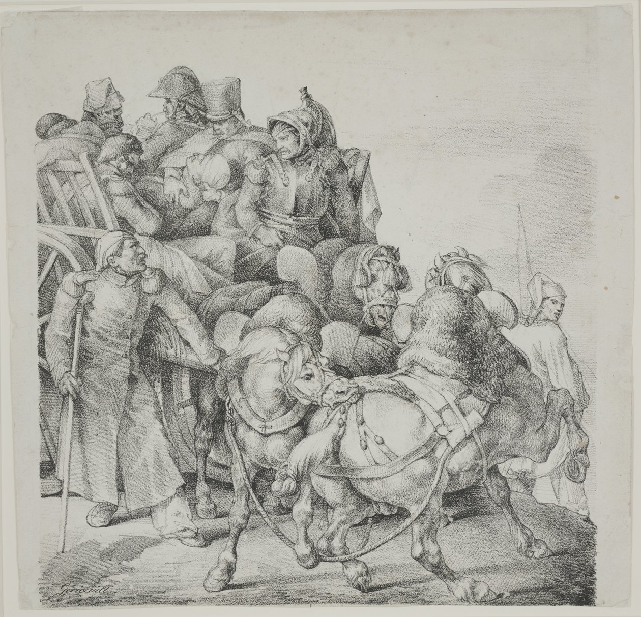 Wóz konny pełen rannych żołnierzy, litografia C. Motte autorstwa Theodore Gericault