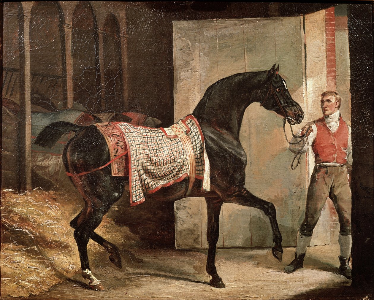 Koń opuszczający stajnię (olej na płótnie, pocz. XIX w.) autorstwa Theodore Gericault