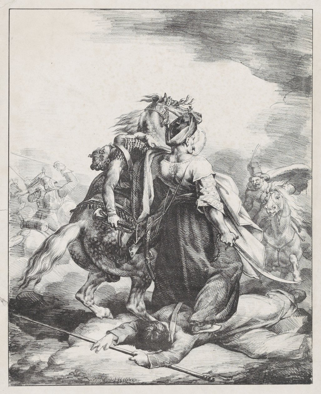 Mameluk z gwardii cesarskiej broniący rannego trębacza przed Kozakiem (Egipski mameluk broniący rannego francuskiego trębacza pod Waterloo) autorstwa Theodore Gericault