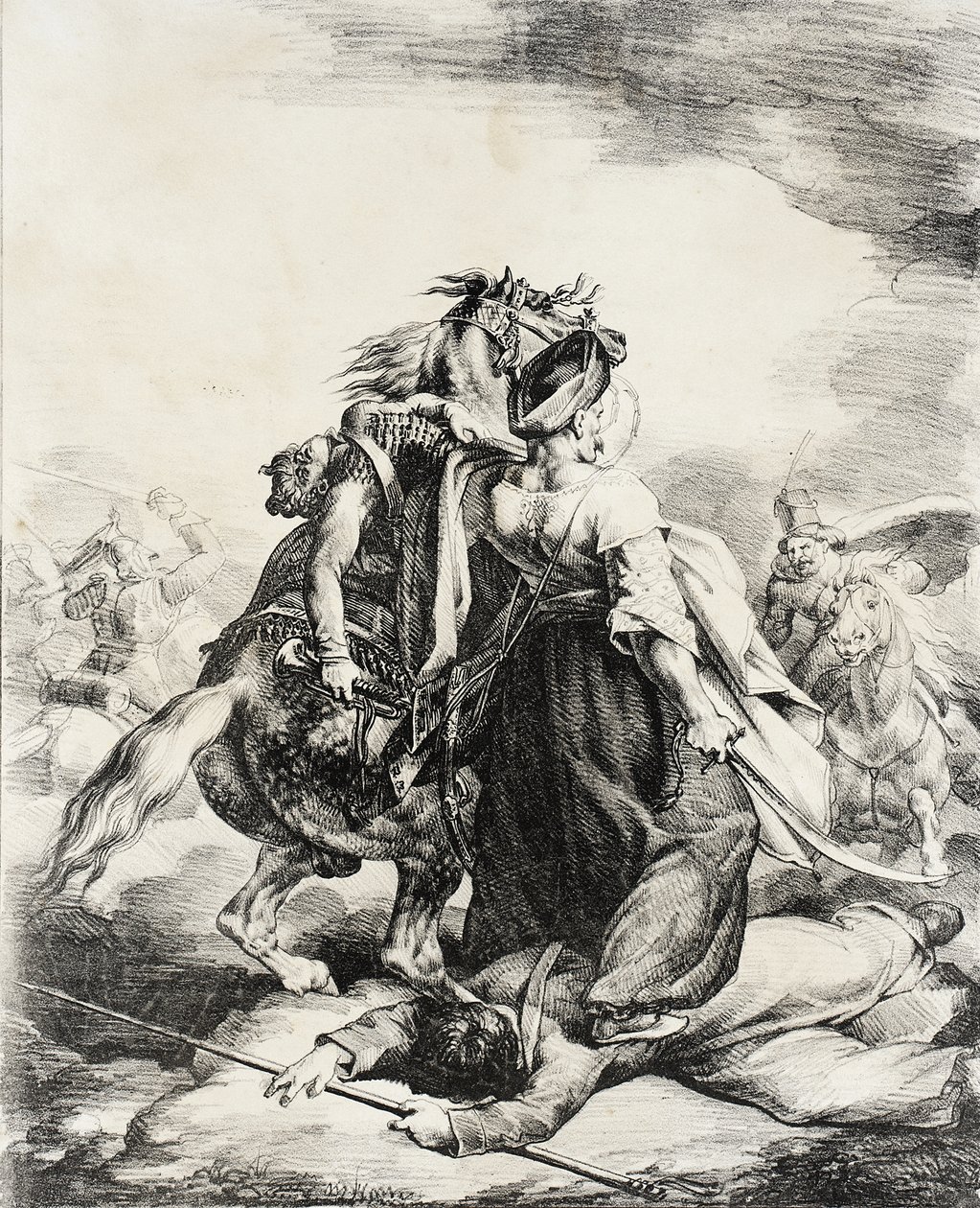 Mameluk broniący rannego trębacza autorstwa Theodore Gericault