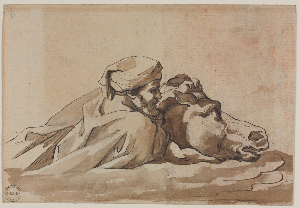Mężczyzna trzymający konia w wodzie po „Potopie” Poussina (odbyt) autorstwa Theodore Gericault