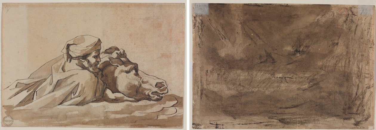Mężczyzna ściskający konia w wodzie, po „Potopie” Poussina (recto); Studium kompozycyjne? (prawdopodobnie dla „Potopu Poussina”) (verso) autorstwa Theodore Gericault