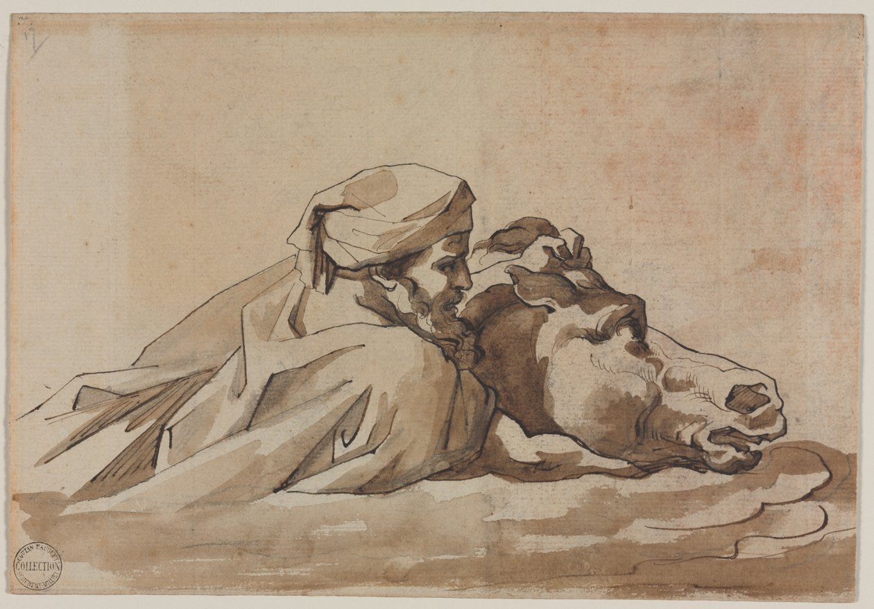 Człowiek ściskający konia w wodzie, wg Poussins Deluge recto, Kompozycyjne Studyverso, ok. 1930. 18 autorstwa Theodore Gericault