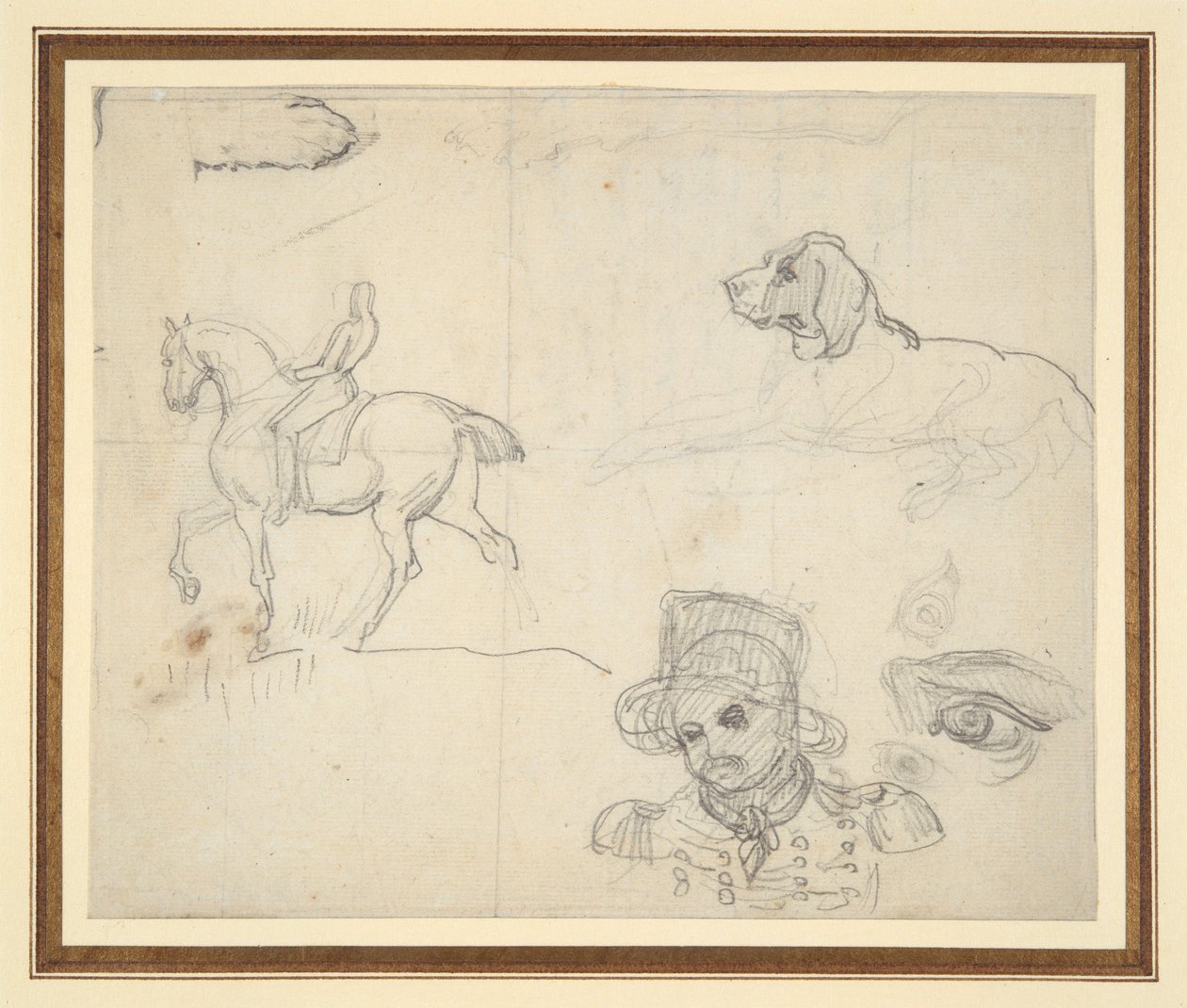 Strona ze szkicami (jeździec, pies, głowa żołnierza) autorstwa Theodore Gericault