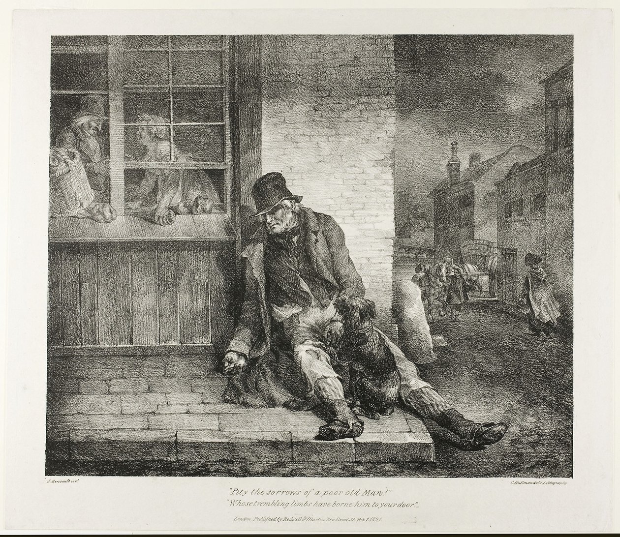 Litość nad smutkami biednego starca!... 1821 (litografia w czerni na papierze tkanym z kości słoniowej) autorstwa Theodore Gericault