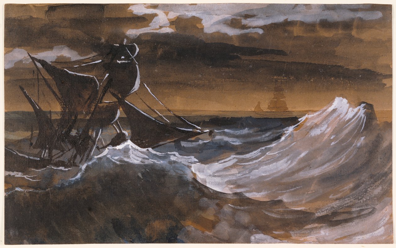 Żaglówka na szalejącym morzu, ok. 1818-9 (pędzel i brązowa farba, akwarela na czarnej kredzie) autorstwa Theodore Gericault