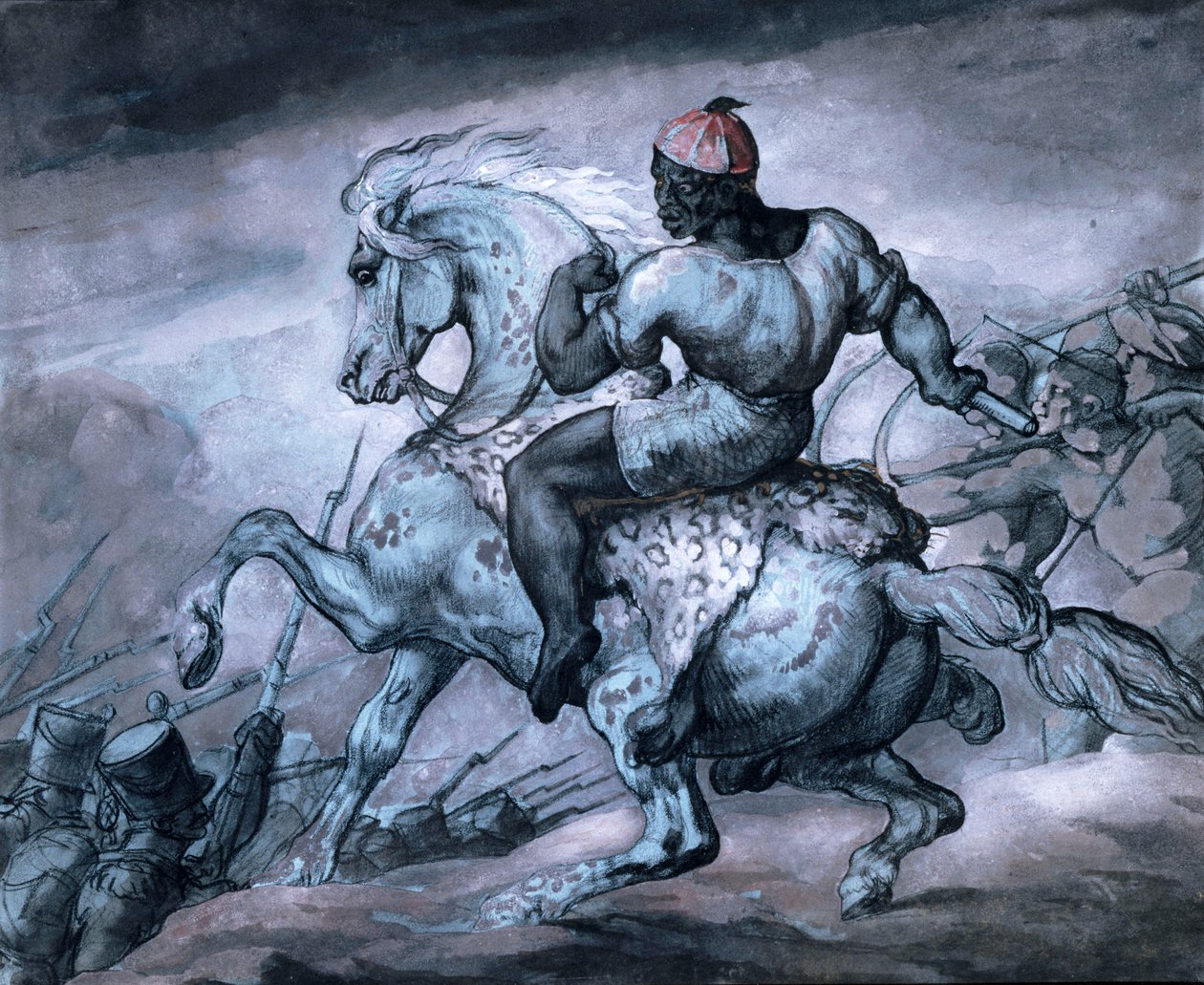 Scena z wojny kolonialnej: Murzyn na wychowującym się koniu autorstwa Theodore Gericault