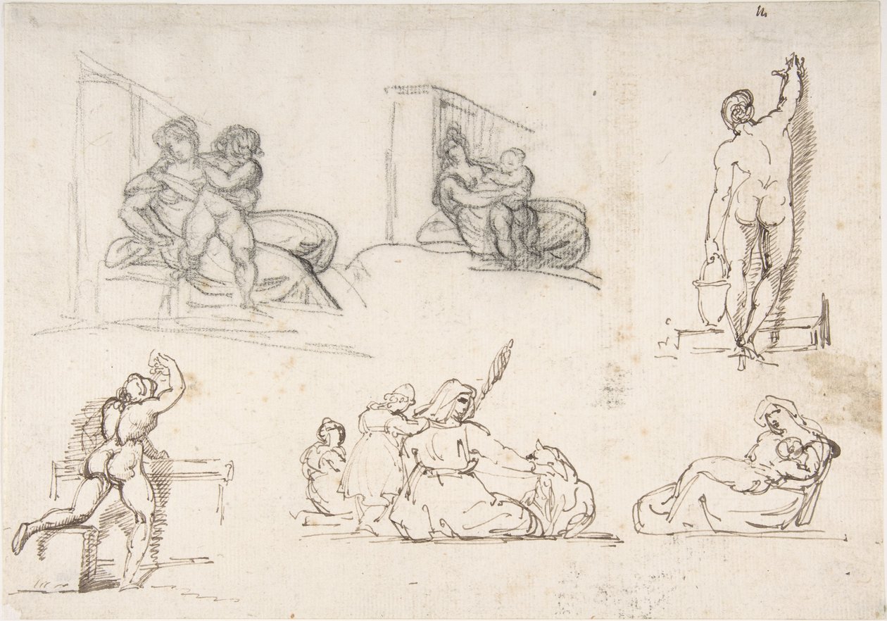 Sześć rysunków, w tym cztery przedstawiające „Biedną włoską rodzinę” autorstwa Theodore Gericault