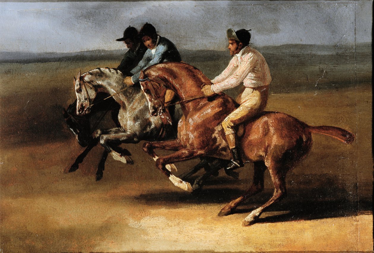 Początek wyścigu konnego z jeźdźcami (olej na płótnie) autorstwa Theodore Gericault